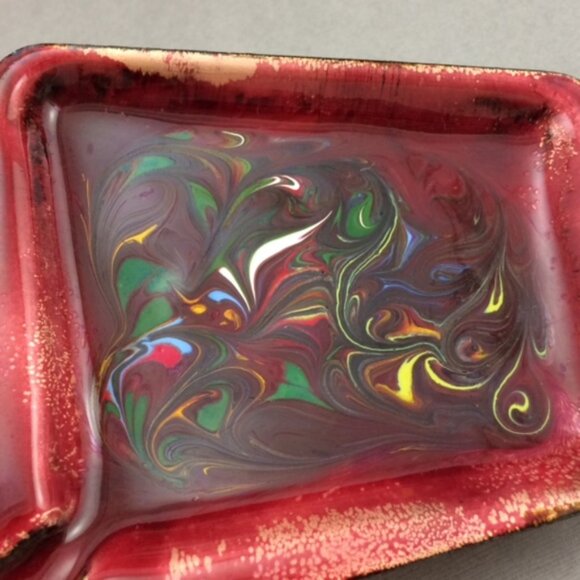 Vintage Enamel on Copper Red Abstract Swirl Ashtray Artisan Handmade - Picture 5 of 14